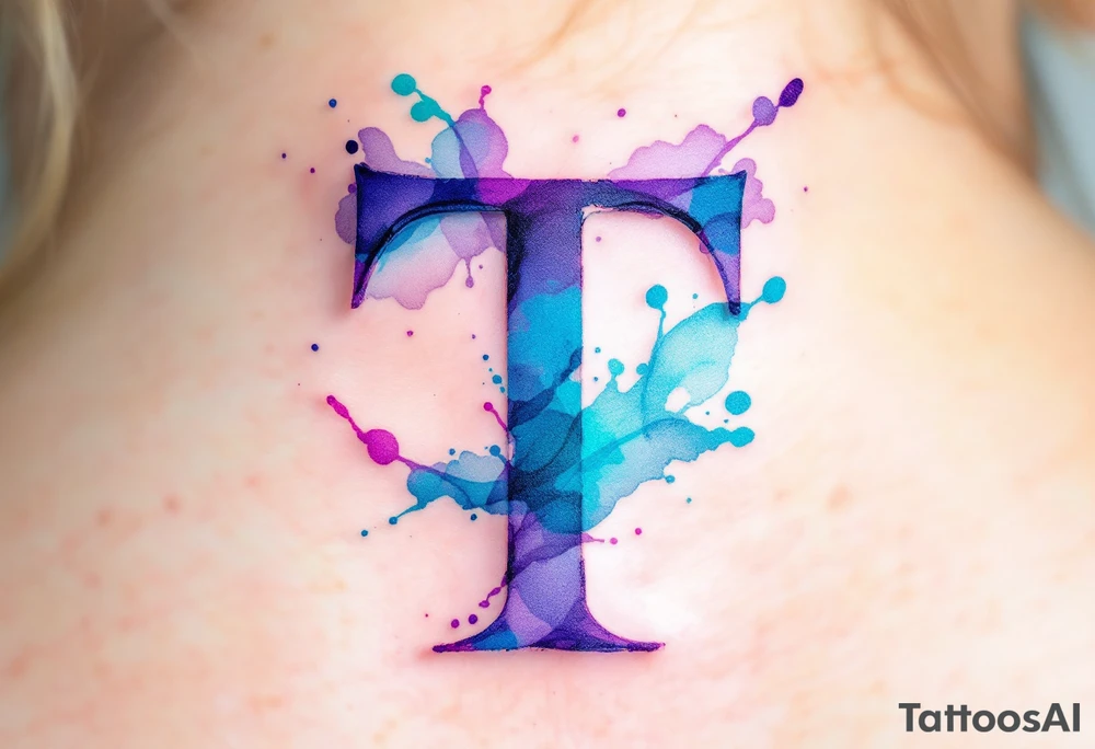 A watercolor-style "T" in shades of turquoise and purple, blending like paint strokes. tattoo idea