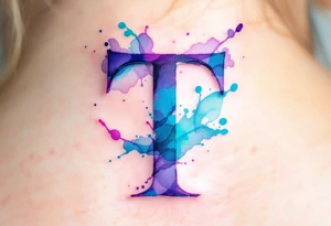 A watercolor-style "T" in shades of turquoise and purple, blending like paint strokes. tattoo idea
