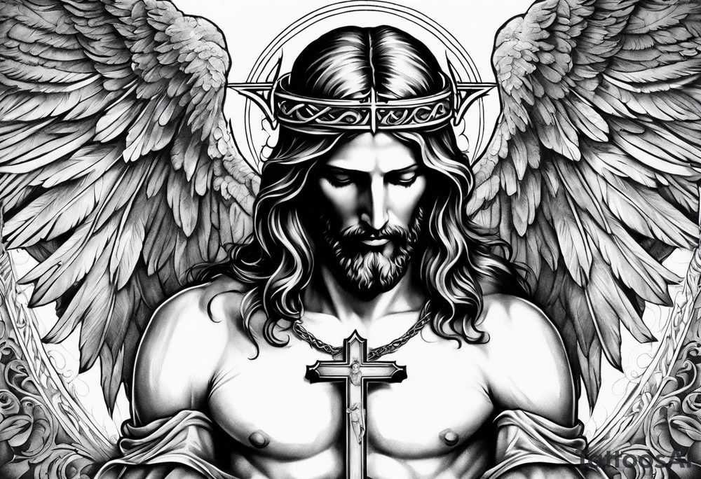 jesus on a cross surround by angel wings for a back tattoo tattoo idea