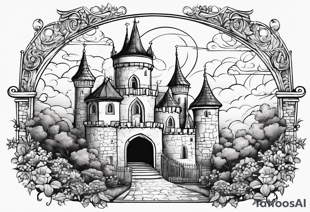 sky medieval town garden with towers small houses gate entrance 
 in rounded vignette surrounded by clouds tattoo idea