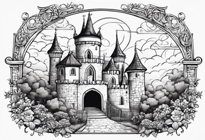 sky medieval town garden with towers small houses gate entrance 
 in rounded vignette surrounded by clouds tattoo idea