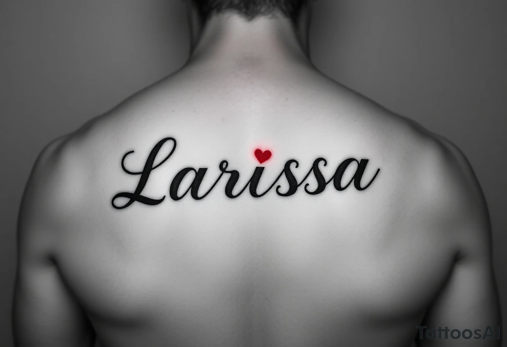 Can you make the name larissa in cursive but in black but put a little heart in between the i and the r and add a faint but visable red glowing around the name tattoo idea