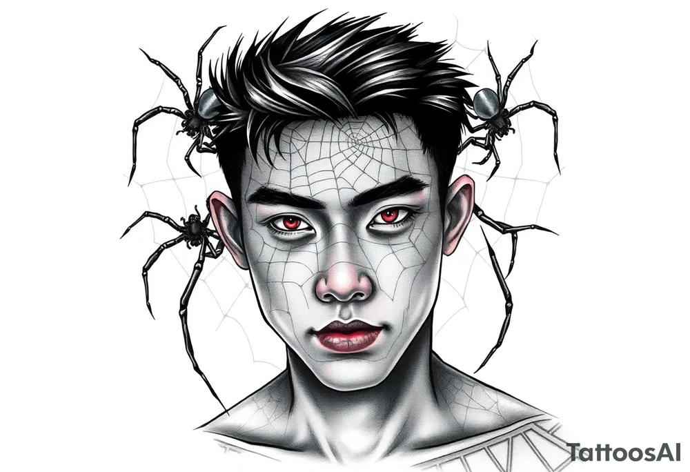 Handsome Asian young guy covered with spiders web tattoo idea