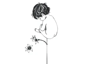 A simple tile floor with a minimalist silhouette of a curled up child sitting on the floor with a lily next to her tattoo idea