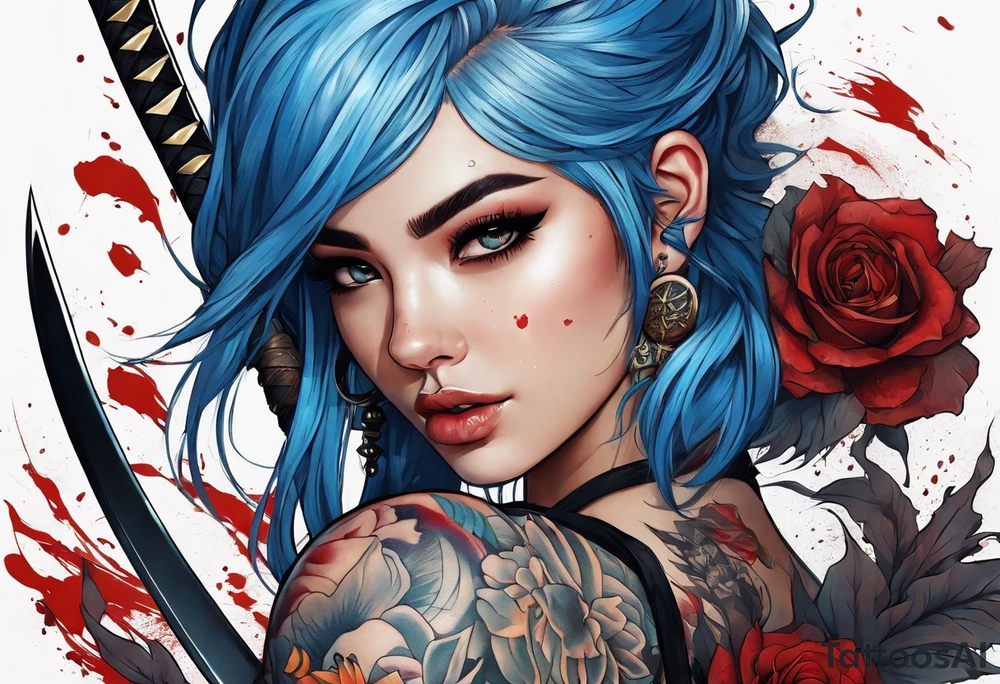 Beautiful Girl with piercings and blue hair with a katana in her hand and blood around it tattoo idea
