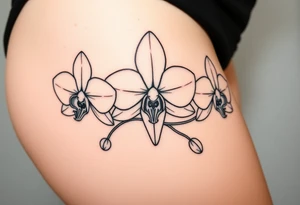 Draw of three fine line orchids different size realistic, the central part resembles a vagina. Are connected with branches tattoo idea