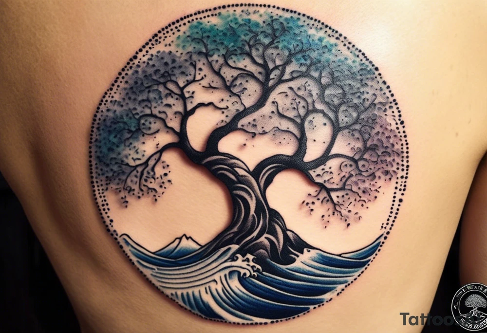 an abstract Tree of Life tattoo. It should have roots growing out of the bottom. The roots slowly turn into water from the Great Wave by Hokusai. A golf flag should be placed discreetly growing out of the ground. 2 license plate tags should be hanging from the tree. Place a few music notes in the areas the leaves should be. The letters A U should be engraved into the tree trunk in a heart. tattoo idea