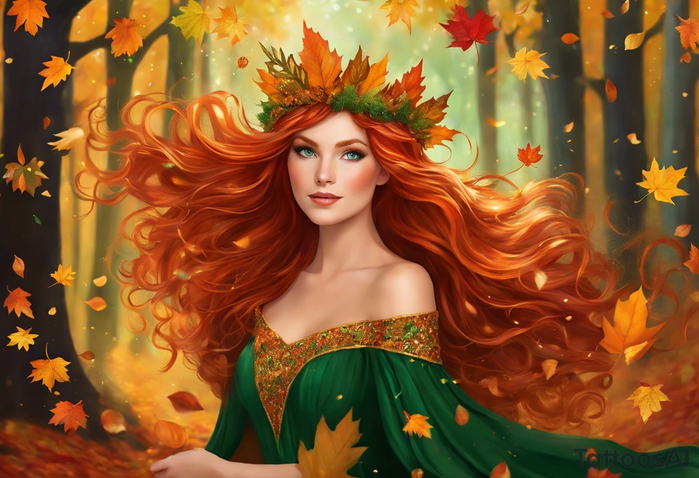 A auburn haired fairy in the middle of a forest during the peak of autumn, twirling in a whirlwind of autumn leaves. The fairy's hair is auburn with copper colors and a crown of gold, orange, and red leaves adorning her head. Her eyes are emerald green with gold flecks, ruby lips and pale skin. Her dress a coppery orange, with leaves scattered on it. The fairly is swirling in a pile of leaves with arms raised high tattoo idea