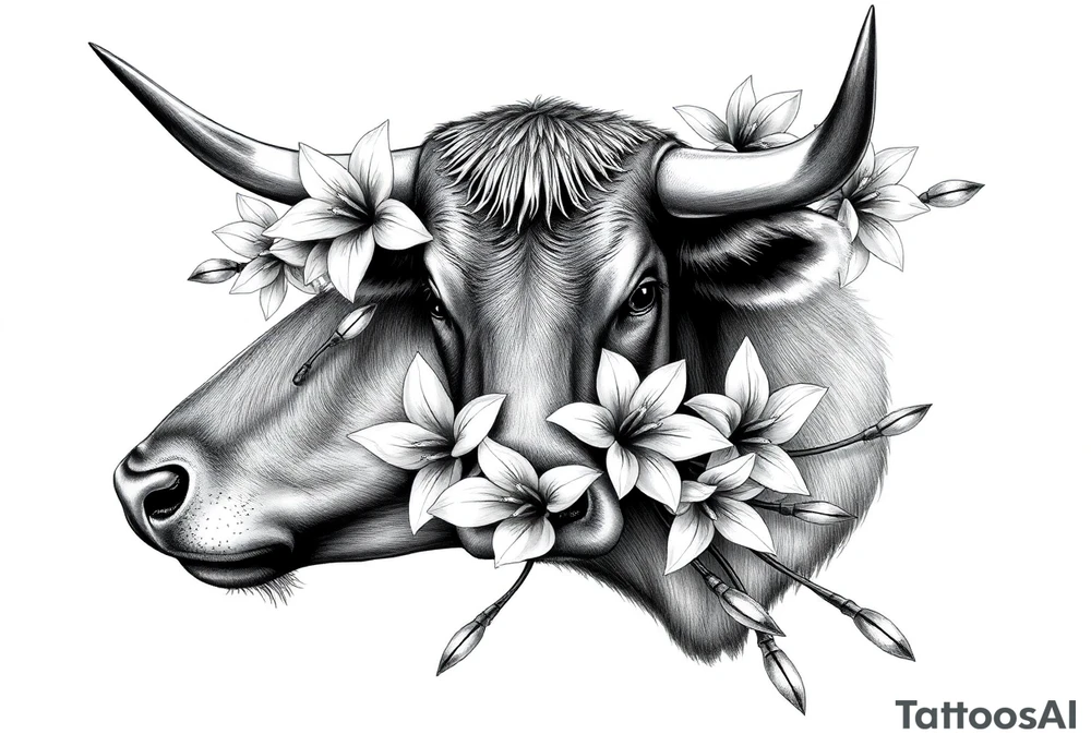 Bull with daffodils feminine tattoo idea