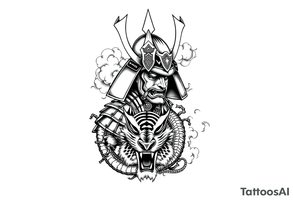 samurai warrior wearing a helmet. Some clouds around, with a tiger’s head beneath, and a samurai sword. This should be a good tattoo for forearm. Add a dragon going around them tattoo idea