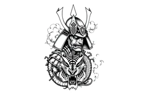 samurai warrior wearing a helmet. Some clouds around, with a tiger’s head beneath, and a samurai sword. This should be a good tattoo for forearm. Add a dragon going around them tattoo idea