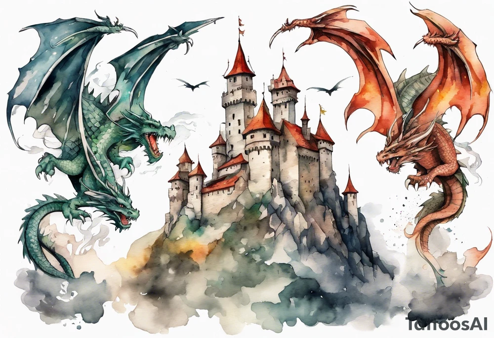 3 dragons flying around the highest part of the castle, defending it from a village with angry people tattoo idea