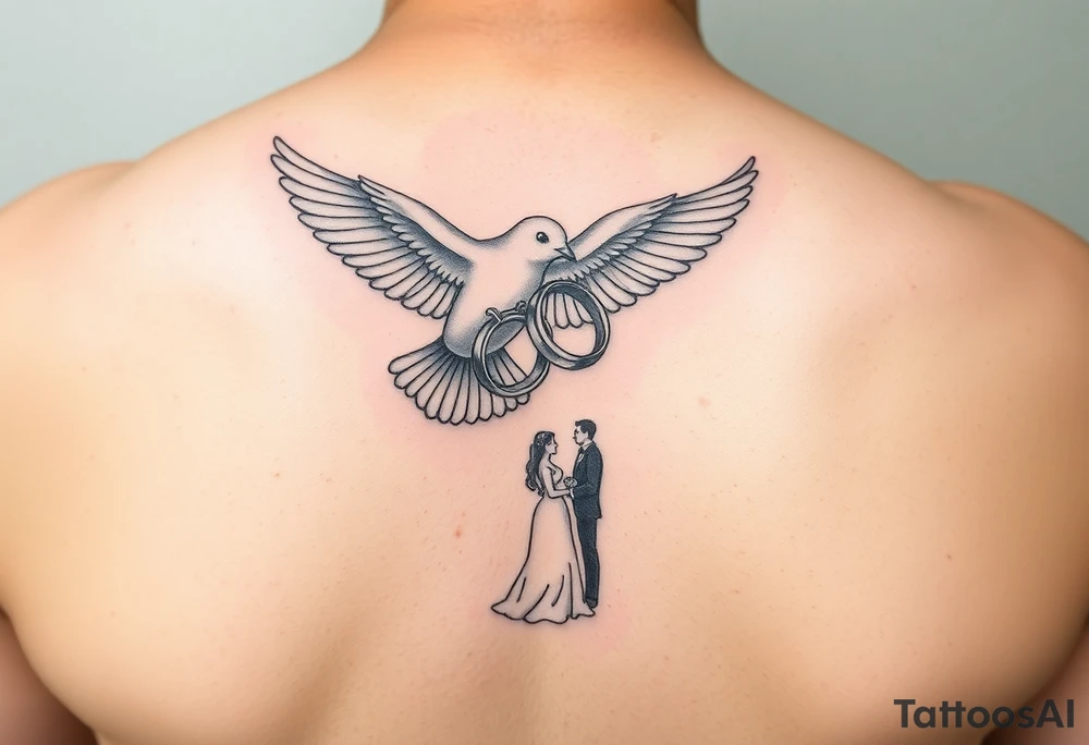 Dove holding two wedding rings and flying towards bride and groom tattoo idea