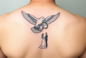 Dove holding two wedding rings and flying towards bride and groom tattoo idea
