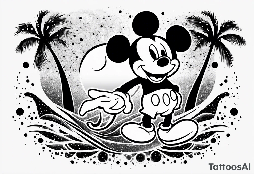 mickey mouse in a lightning storm with palm trees and the celtic symbol for family tattoo idea