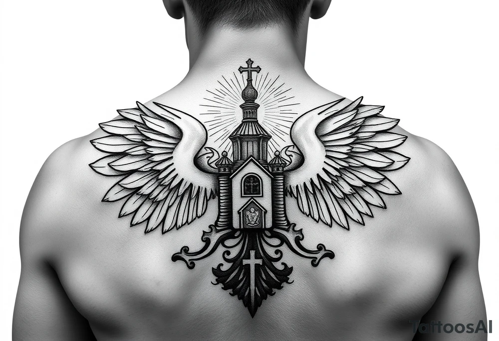 an actual russian coat of arms with both heads visible & wings spanning out on my back neck across on to my shoulders / traps with a orthodox christian church being visible in a mountainous sun beaming setting, with the russian orthodox cross spire of the orthodox church being visible on my neck with a sun beaming in the background that the cross sits inside tattoo idea