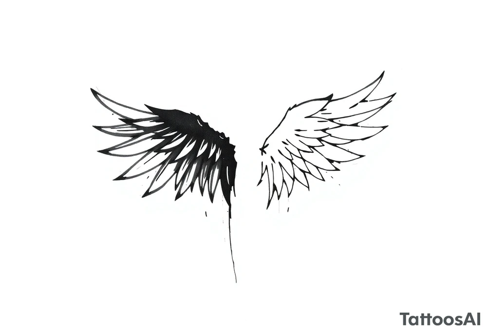 This tattoo design features a pair of asymmetrical angel wings drawn in black ink with a rough, sketch-like style. The left wing is darker, more defined, and appears denser, while the right wing is lighter, more delicate, and fragmented, creating a contrast between the two. The feathers are sharp and irregular, with fine lines and stray strokes extending outward, adding a raw and artistic feel. The overall look is dynamic and slightly chaotic, giving the impression of movement or an unfinished, ethereal form. This design symbolizes duality, freedom, transformation, or even struggle, making it a meaningful and visually striking tattoo. tattoo idea