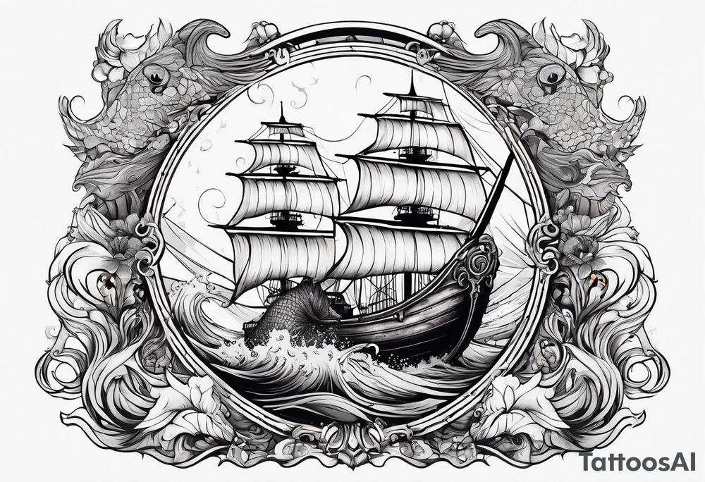 mermaid with galleon ship tattoo idea