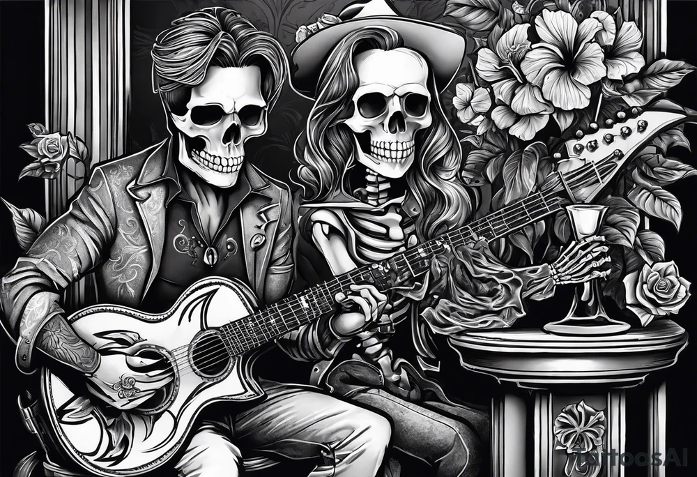 a bar scene with Western female and male skeletons. The female skeleton has hibiscus flowers for eyes, and the male skeleton plays the guitar. tattoo idea