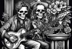 a bar scene with Western female and male skeletons. The female skeleton has hibiscus flowers for eyes, and the male skeleton plays the guitar. tattoo idea