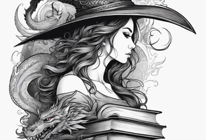 Witch in profile 
surrounded by books and dragon tattoo idea