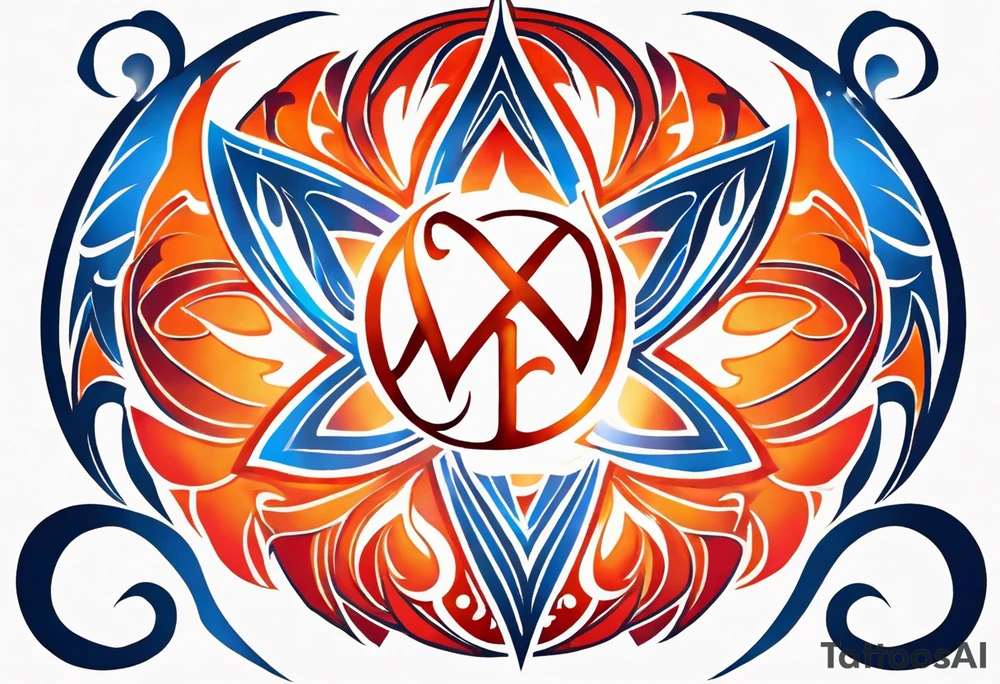 Twin flame symbol. Tattoo should be the size of a half dollar. Symbol should be minimalistic and have clean lines. Give it fire. Straight clean line border around the fire. Fire color is blue intertwined with orange and red. tattoo idea