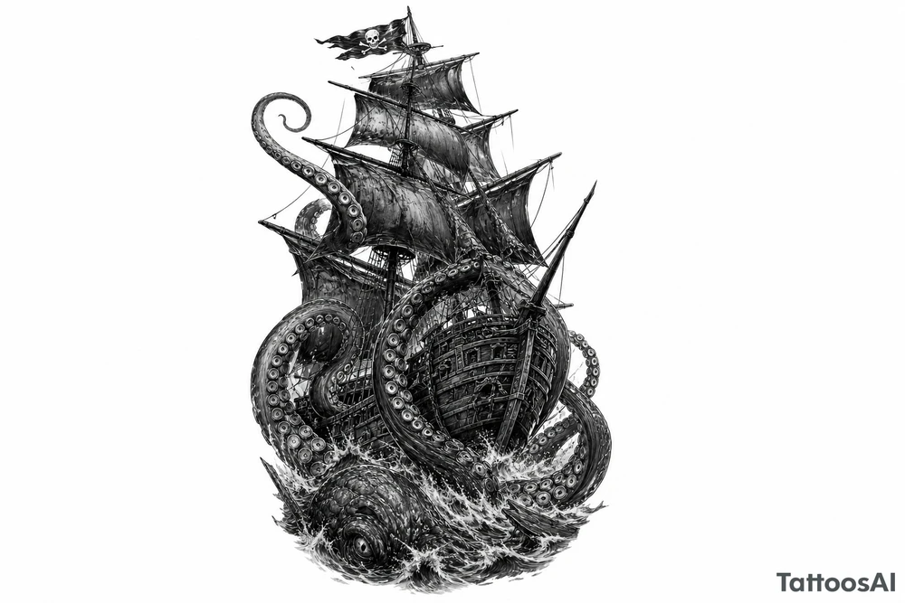 Black and grey pirate ship battling kraken tentacles, dark ocean, dramatic lighting. tattoo idea
