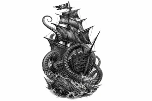 Black and grey pirate ship battling kraken tentacles, dark ocean, dramatic lighting. tattoo idea