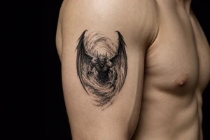 Winged air demon emerging from a swirling wind vortex, dark fantasy style. tattoo idea