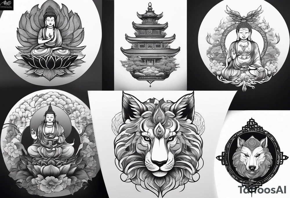 a set of sketches of animals on a Buddhist theme, without people tattoo idea