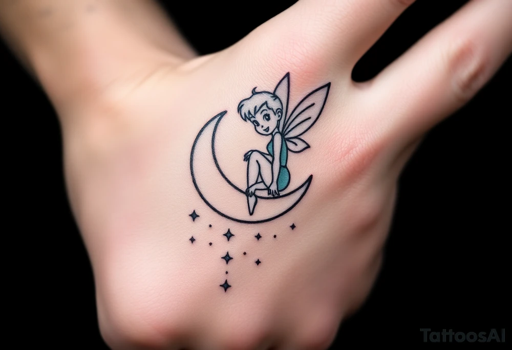 Tinkerbell sitting on a half moon thrown pixie dust tattoo idea