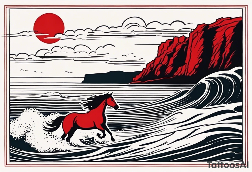 a vintage postcard showing a seaside with cliff on a November day. There is a red horse with rider in the waves. tattoo idea