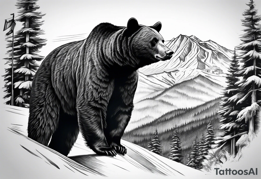 Large thigh tattoo, realism, black and white, black bear standing with a ski resort in the background tattoo idea