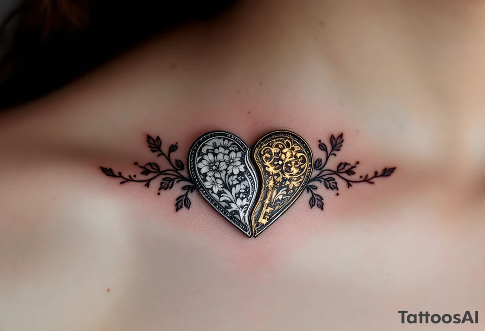 Two Halves of a Heart-Shaped Lock and Key – One half features a silver heart-shaped lock with floral engravings, the other a golden antique key glowing subtly with warmth. tattoo idea