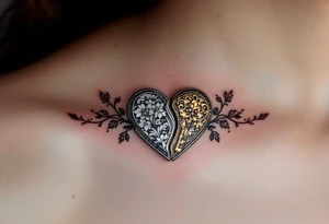 Two Halves of a Heart-Shaped Lock and Key – One half features a silver heart-shaped lock with floral engravings, the other a golden antique key glowing subtly with warmth. tattoo idea