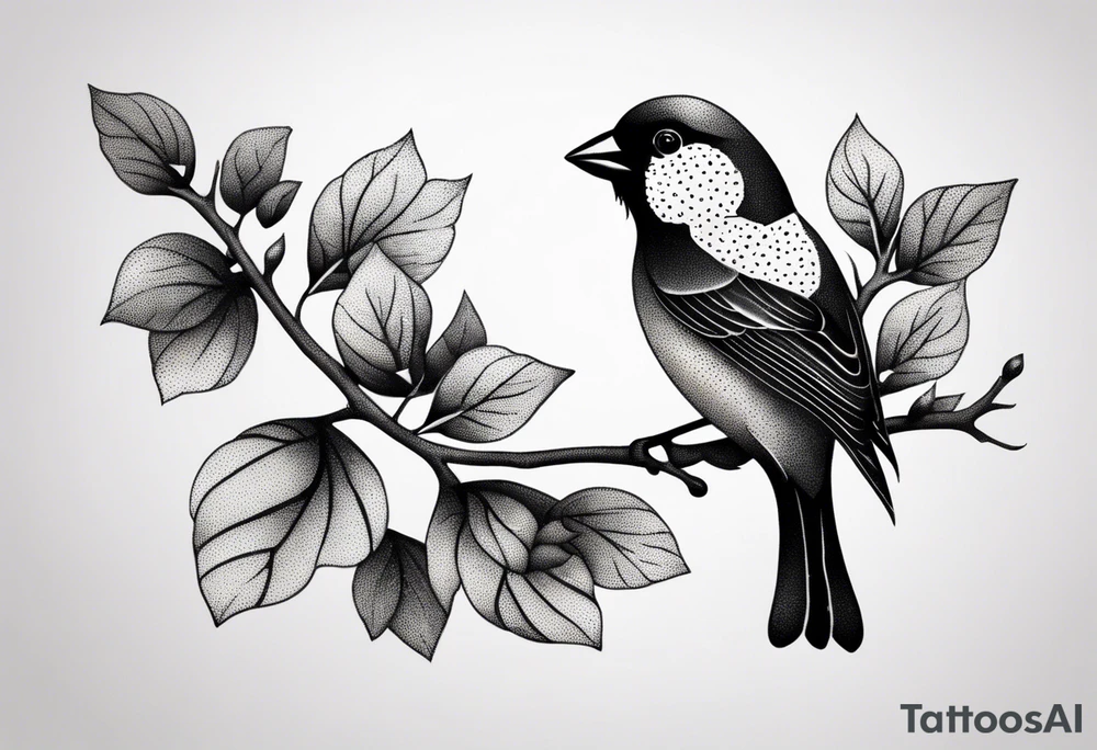 “Generate a simple tattoo design of a finch, showcasing its distinctive shape and a few delicate leaves to enhance the composition.” tattoo idea