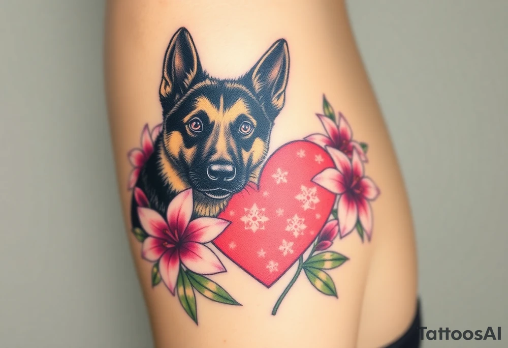 tough looking short haired german shepherd with alert ears surrounded by pink lilies with large leaves in front of a sacred heart tattoo idea