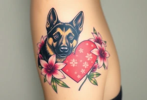 tough looking short haired german shepherd with alert ears surrounded by pink lilies with large leaves in front of a sacred heart tattoo idea
