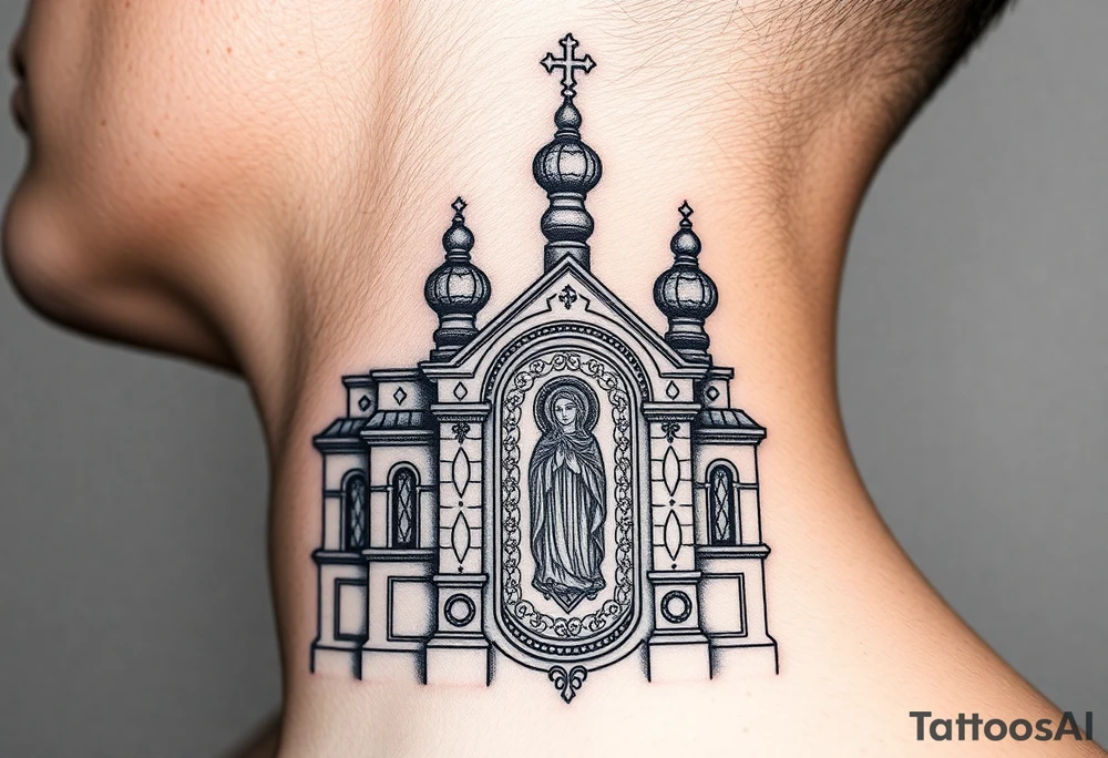 medium sized Russian orthodox church with bulb domes with a prominent russian orthodox coat of arms mosaic virgin mary tattoo idea