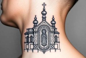 medium sized Russian orthodox church with bulb domes with a prominent russian orthodox coat of arms mosaic virgin mary tattoo idea