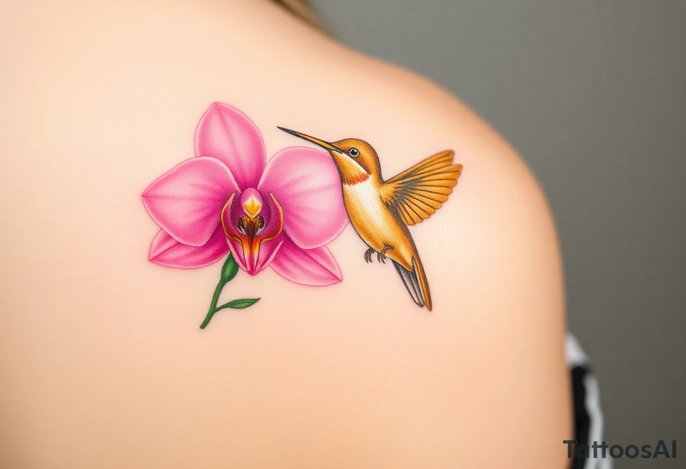 A golden hummingbird hovering near a vibrant pink orchid, capturing movement and grace tattoo idea