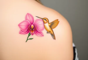 A golden hummingbird hovering near a vibrant pink orchid, capturing movement and grace tattoo idea