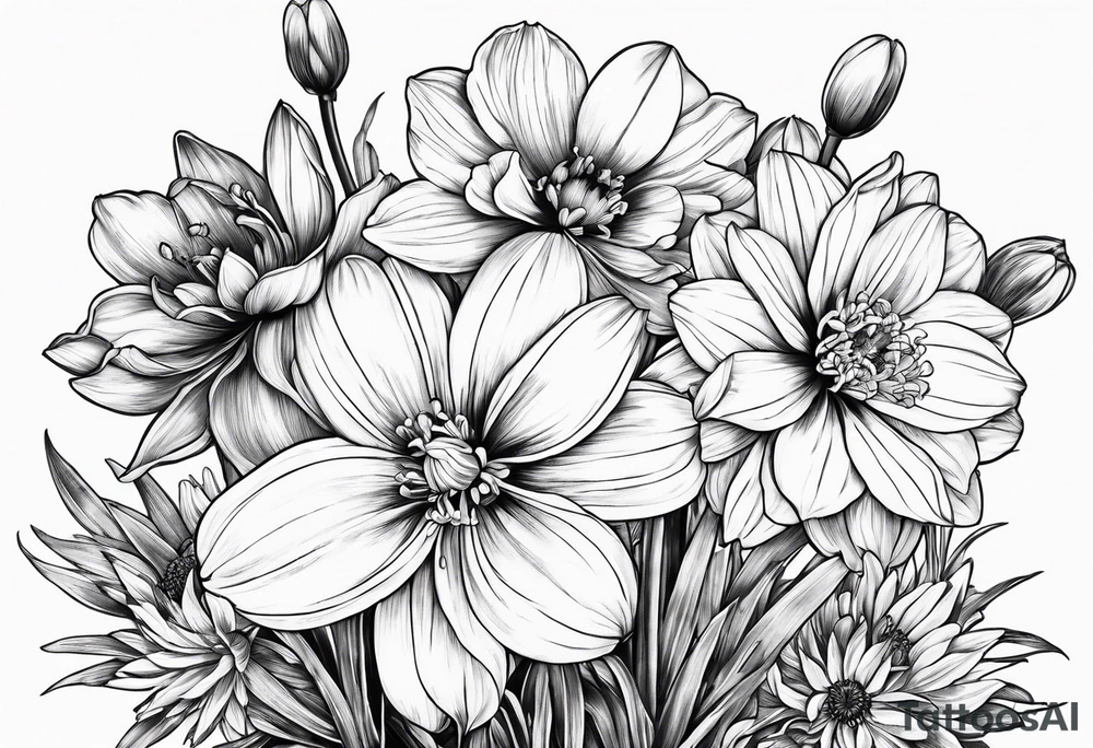 Narcissus, CHRYSANTHEMUM, COSMOS, SNOW DROP tattoo idea