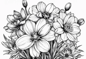 Narcissus, CHRYSANTHEMUM, COSMOS, SNOW DROP tattoo idea