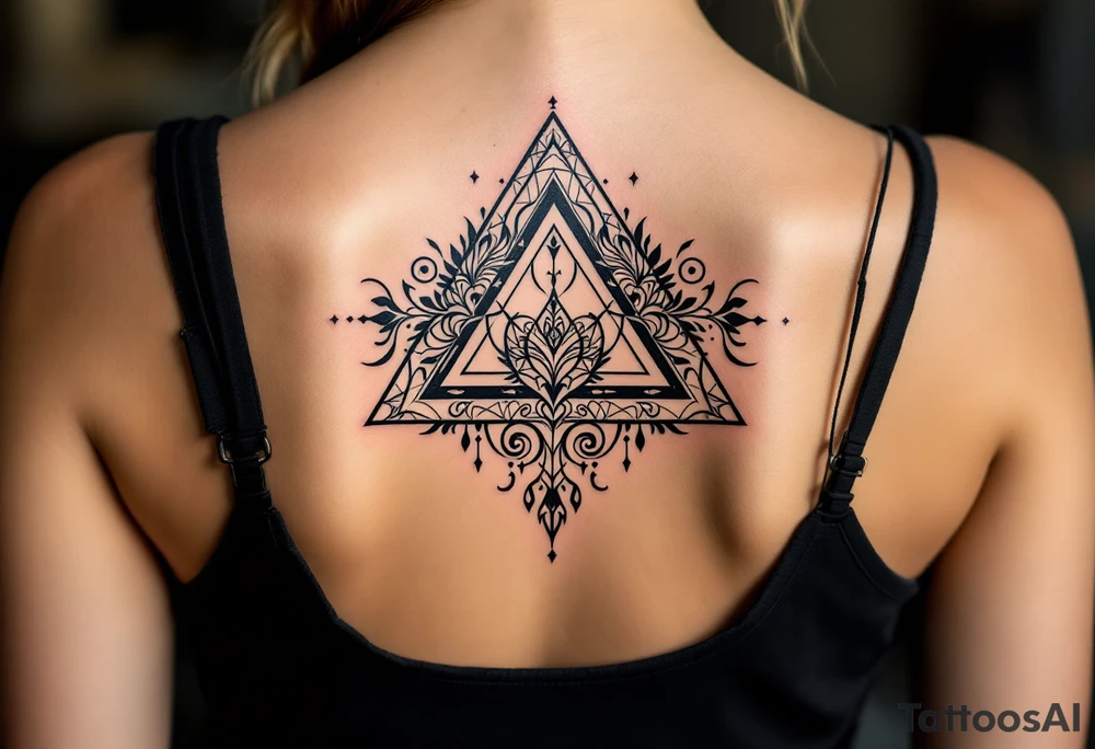 A triangle with a big heart in the center with a world travel theme tattoo idea