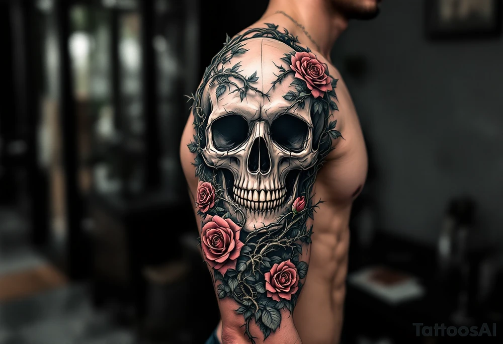 gothic skull intertwined with climbing roses and thorny vines tattoo idea