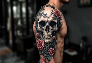 gothic skull intertwined with climbing roses and thorny vines tattoo idea