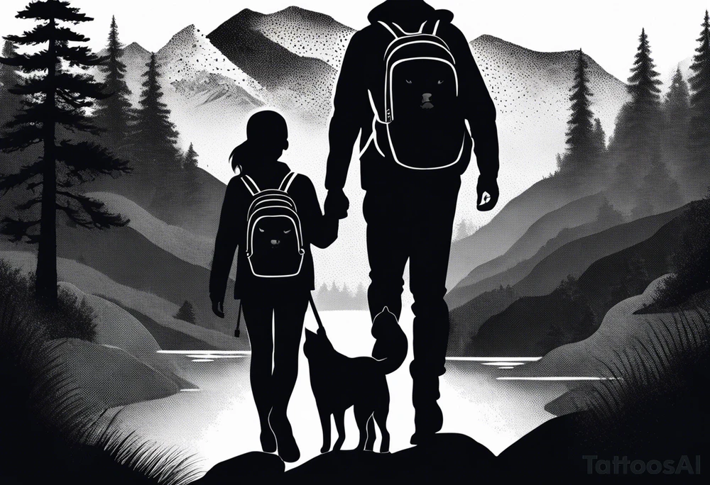 father son hiking with their dog and cat in the mountains, nature, waterfall, rive tattoo idea