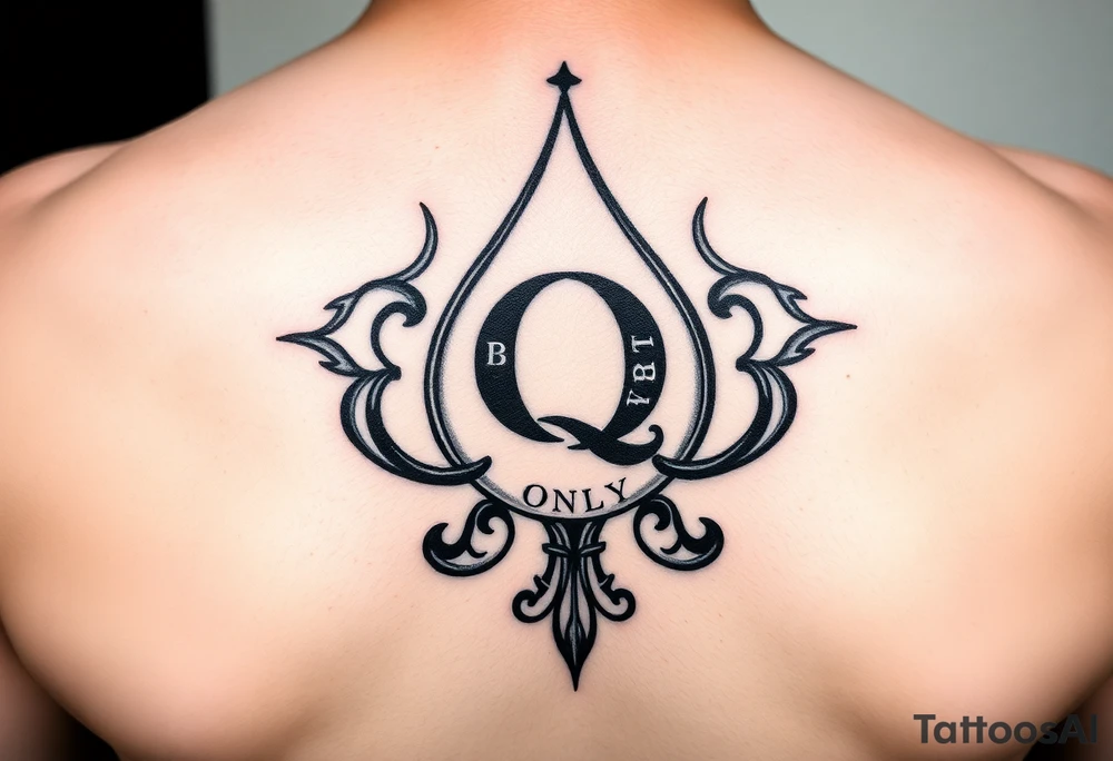 A spade womb tattoo with a Q in the center, with three points around the outside. The first reading, "BLACK". The second reading, "BABY". The third reading, "ONLY". tattoo idea