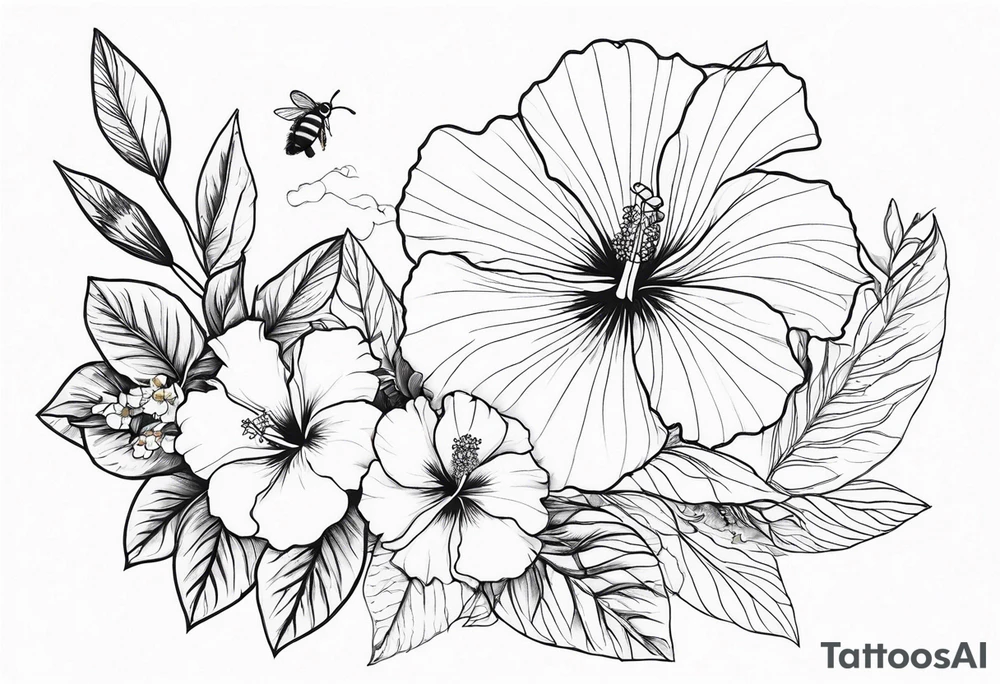Hibiscus with wildflowers, poppy, complimentary flowers, bees, forearm tattoo idea